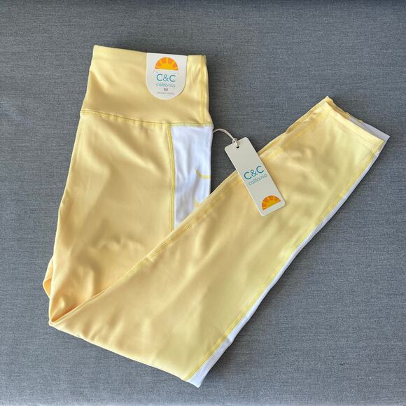 C&C California Pale Banana Yellow High Waist Cropped Workout Leggings Medium NWT - Picture 8 of 12